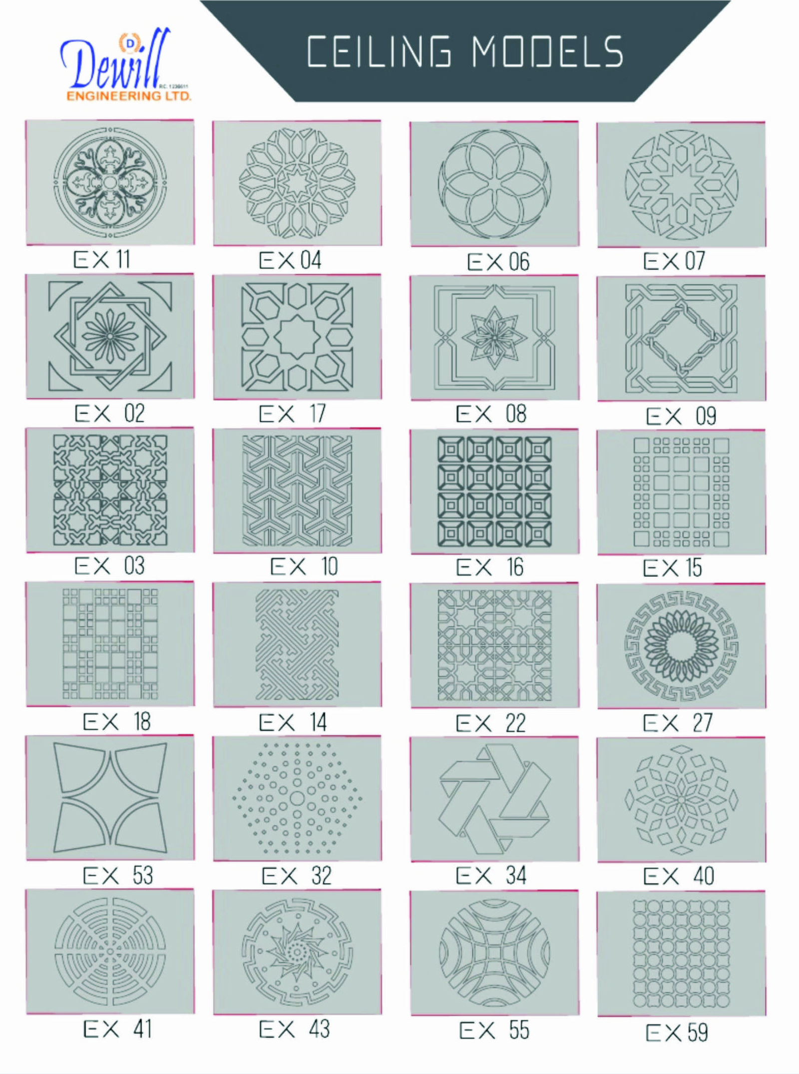 24 Laser Cut Ceiling Models EX 02 through EX 59
